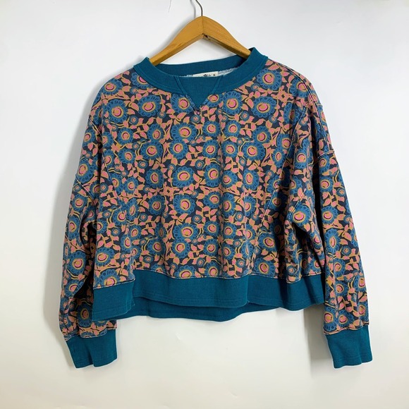 NATURAL LIFE Tops - Natural Life Floral Print Sweatshirt Teal Cropped V Neck Long Sleeve Women's M